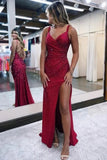 Sparkly Red Mermaid V Neck Spaghetti Straps Long Prom Dresses With Slit, SLP113 image 1
