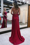 Sparkly Red Mermaid V Neck Spaghetti Straps Long Prom Dresses With Slit, SLP113 image 2