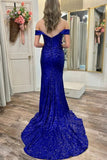 Sparkly Royal Blue Sequins Mermaid Off-the-Shoulder Long Prom Dress, SLP027 | mermaid prom dresses | evening gown | prom dresses near me | simidress.com