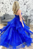 Sparkly Royal Blue Tulle A-line V-neck Multi-Layer Long Prom Dresses, SLP005 | cheap prom dresses online | party dress | evening dresses | simidress.com