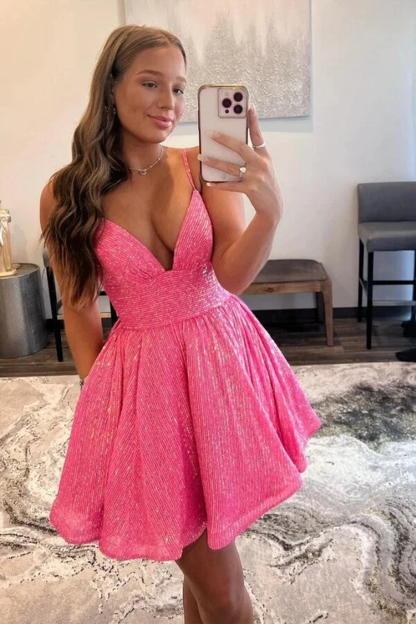 Sparkly Sequins A Line Backless Short Homecoming Dress, Graduation Dress, SH656 | pink homecoming dress | cheap homecoming dresses online | simple homecoming dress | simidress.com