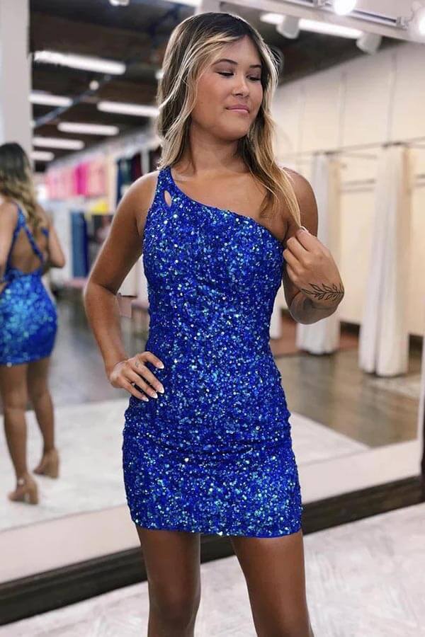 Sparkly Sequins One Shoulder Sleeveless Mini Short Homecoming Dresses, SH637 image 3