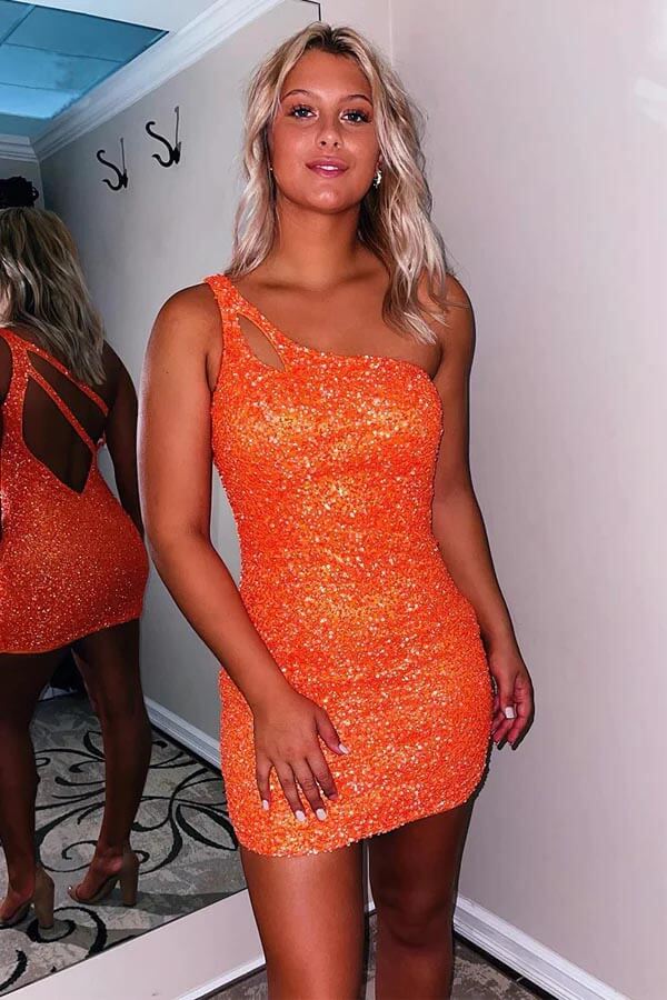 Sparkly Sequins One Shoulder Sleeveless Mini Short Homecoming Dresses, SH637 image 1