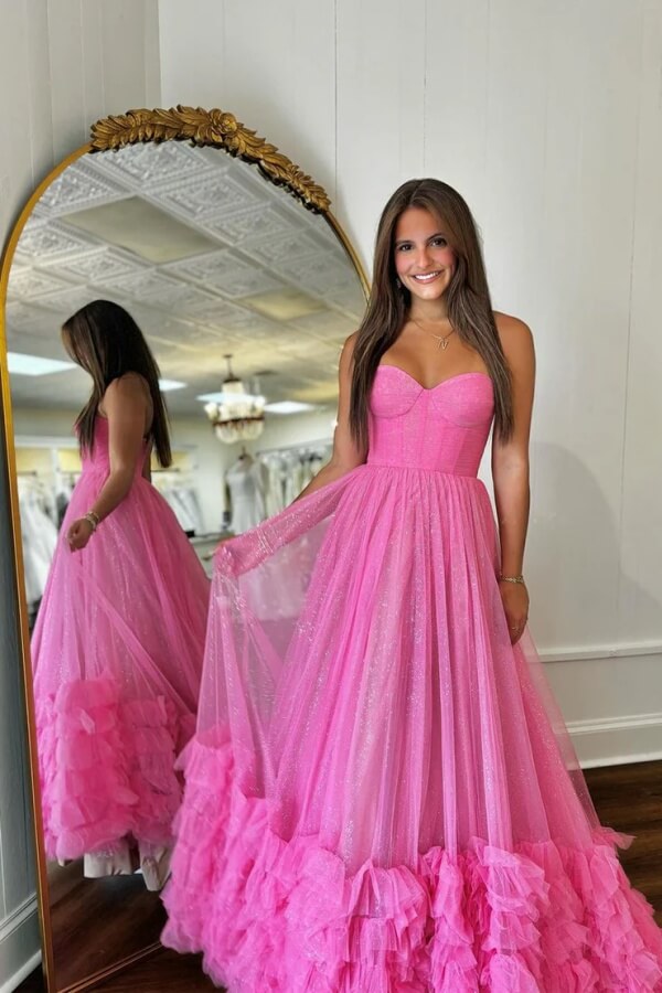 Sparkly Tulle Fuchsia Strapless Ruffled Tiered A Line Long Prom Dresses, SLP055 | simple prom dresses | shiny prom dress | evening dresses | simidress.com