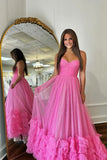 Sparkly Tulle Fuchsia Strapless Ruffled Tiered A Line Long Prom Dresses, SLP055 | simple prom dresses | shiny prom dress | evening dresses | simidress.com