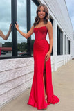 Sparkly Yellow Satin Mermaid Scoop Neck Beaded Prom Dresses With Slit, SLP108 | prom dress red | strapless prom dress | long formal dress | simidress.com