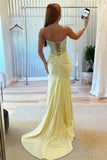 Sparkly Yellow Satin Mermaid Scoop Neck Beaded Prom Dresses With Slit, SLP108 | prom dress yellow | sexy prom dress | evening gown | simidress.com