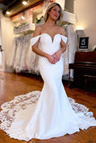 Stretch Satin Mermaid Off Shoulder Wedding Dresses With Lace Appliques, SW635 image 1