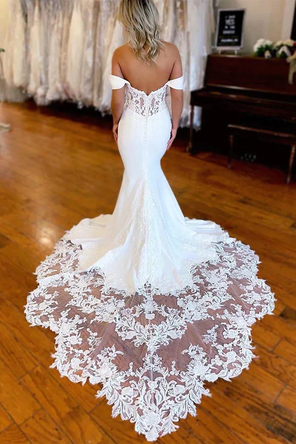 Stretch Satin Mermaid Off Shoulder Wedding Dresses With Lace Appliques, SW635 image 2