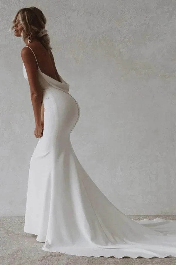 Stretch Satin Mermaid V Neck Wedding Dress With Train, Bridal Gown, SW750 | backless wedding dress | custom made wedding dress | vintage wedding dress | affordable wedding dresses online | simidress.com