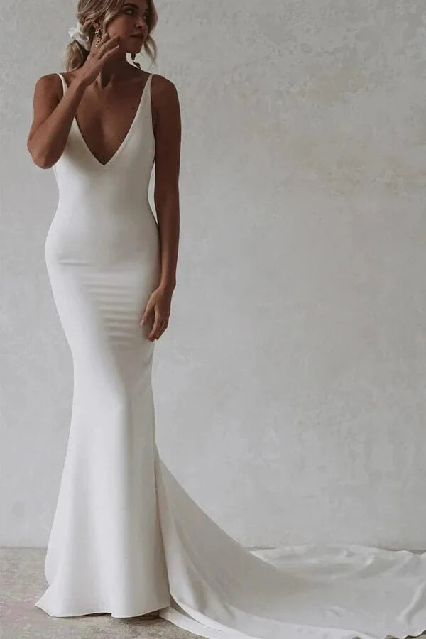 Stretch Satin Mermaid V Neck Wedding Dress With Train, Bridal Gown, SW750 | simple wedding dress | mermaid satin wedding dresses | cheap wedding dresses near me | simidress.com