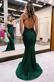 Stretchy Satin Mermaid Spaghetti Straps Lace Appliques Prom Dresses, SP978