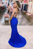 Stretchy Satin Mermaid Spaghetti Straps Lace Appliques Prom Dresses, SP978