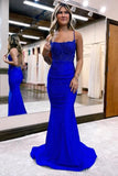 Stretchy Satin Mermaid Spaghetti Straps Lace Appliques Prom Dresses, SP978