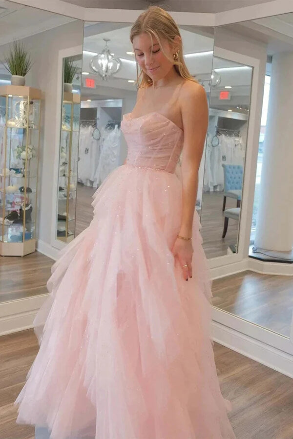 Stunning Light Pink Tulle Strapless Beaded Prom Dresses, Party Dress, SLP006 image 2