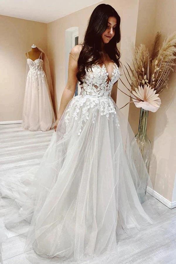 Tulle A-line Beach Wedding Dresses With Lace Appliques, Bridal Gowns, SW637 image 1