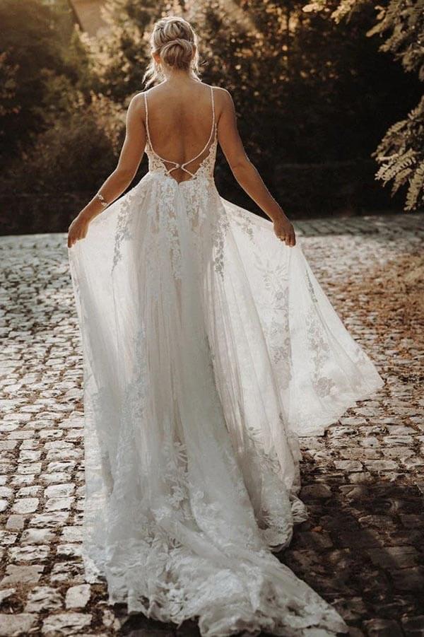 Tulle A-line Deep V-neck Spaghetti Straps Open Back Lace Wedding Dresses, SW630 | bridal gown | wedding dresses near me | wedding dress stores | simidress.com