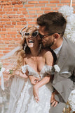 Tulle A-line Off-the-Shoulder 3D Flowers Lace Boho Wedding Dresses, SW629 | vintage wedding dresses | rustic wedding dresses | beach wedding dresses | simidress.com
