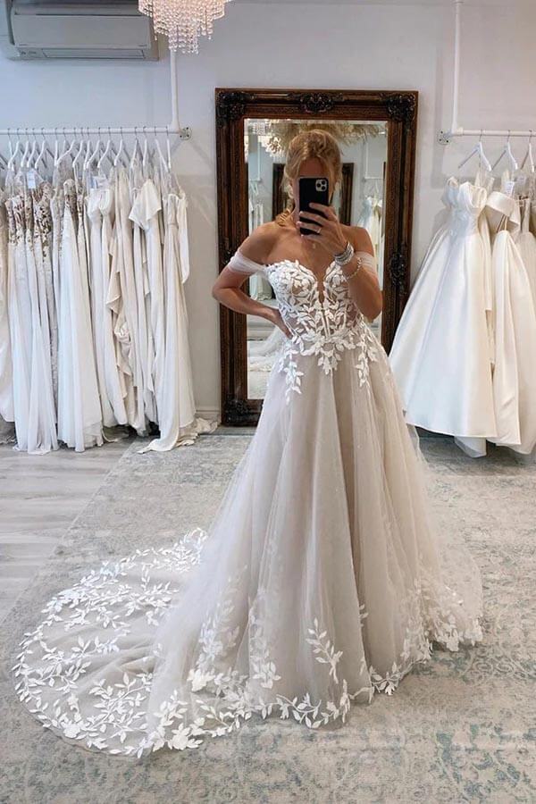 Tulle A-line Off Shoulder Wedding Dress With Lace Appliques, Bridal Gown, SW640 image 1