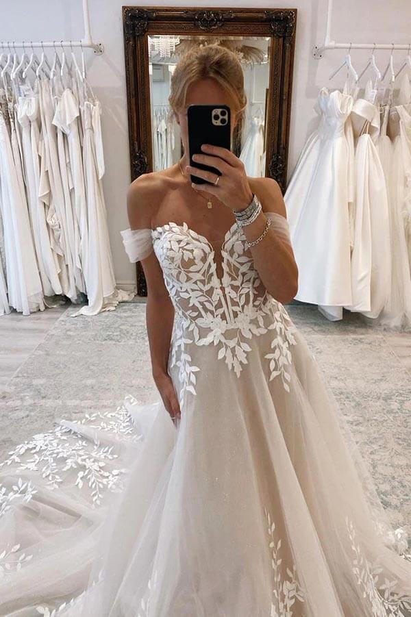 Tulle A-line Off Shoulder Wedding Dress With Lace Appliques, Bridal Gown, SW640 image 3