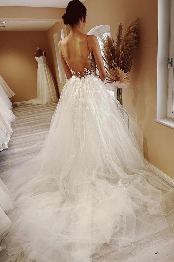 Tulle A-line Sheer Neck Lace Appliques Wedding Dress With Sweep Train, SW653 image 2