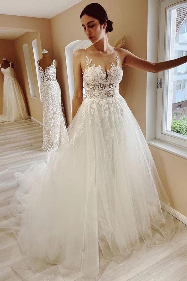 Tulle A-line Sheer Neck Lace Appliques Wedding Dress With Sweep Train, SW653 image 1