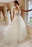 Tulle A-line Sheer Neck Lace Appliques Wedding Dress With Sweep Train, SW653