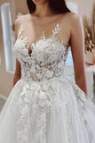 Tulle A-line Sheer Neck Lace Appliques Wedding Dress With Sweep Train, SW653 image 3