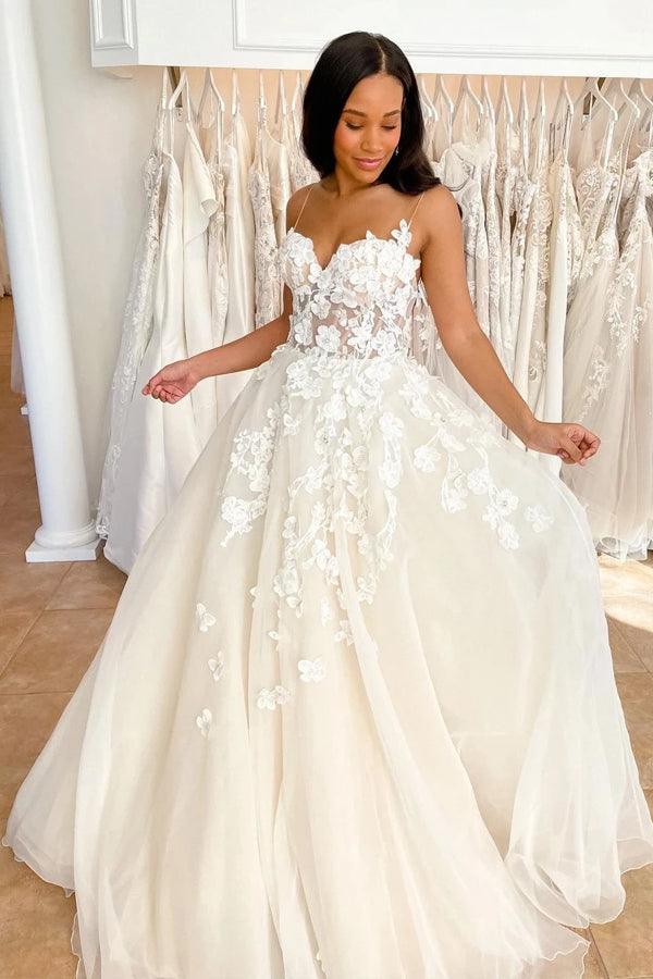 Tulle A-line Spaghetti Straps Sweetheart Neck Lace Wedding Dresses, SW662 | tulle wedding dress | bridal gown | vintage wedding dress | simidress.com