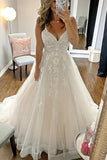 Tulle A-line Spaghetti Straps V-neck Wedding Dresses With Lace Appliques, SW656