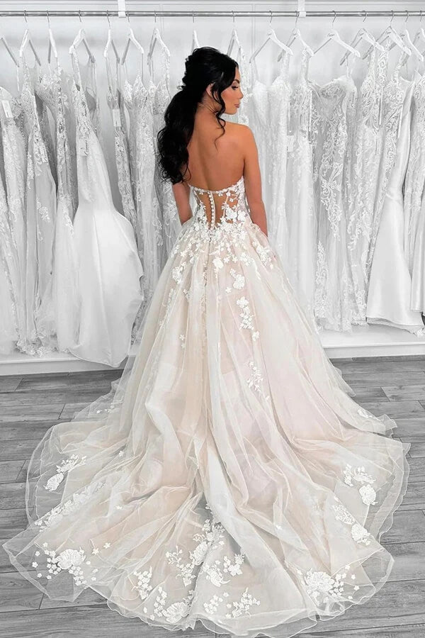 Tulle A-line Strapless Wedding Dresses With Lace Appliques, Bridal Gown, SW673 | bohemian wedding dress | bridal dress | vintage wedding dress | simidress.com