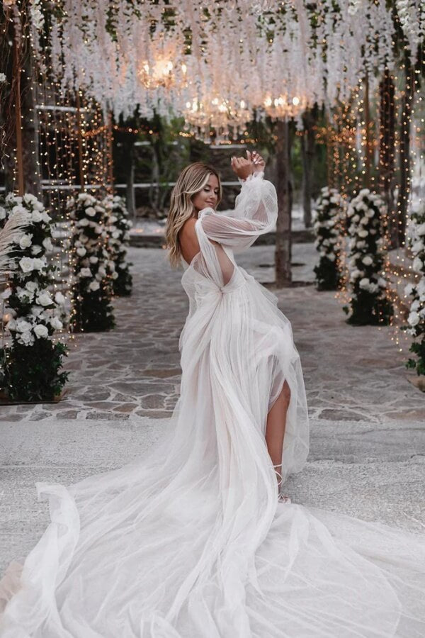 Tulle A-line V-neck Backless Puff Sleeves Bohemian Wedding Dresses, SW690 | simple wedding dresses | long sleeve wedding dress | tulle wedding dress | simidress.com