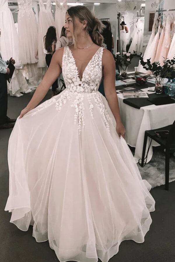 Tulle A-line V-neck Sleeveless Wedding Dresses With Lace Appliques, SW685 image 1