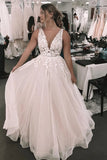 Tulle A-line V-neck Sleeveless Wedding Dresses With Lace Appliques, SW685