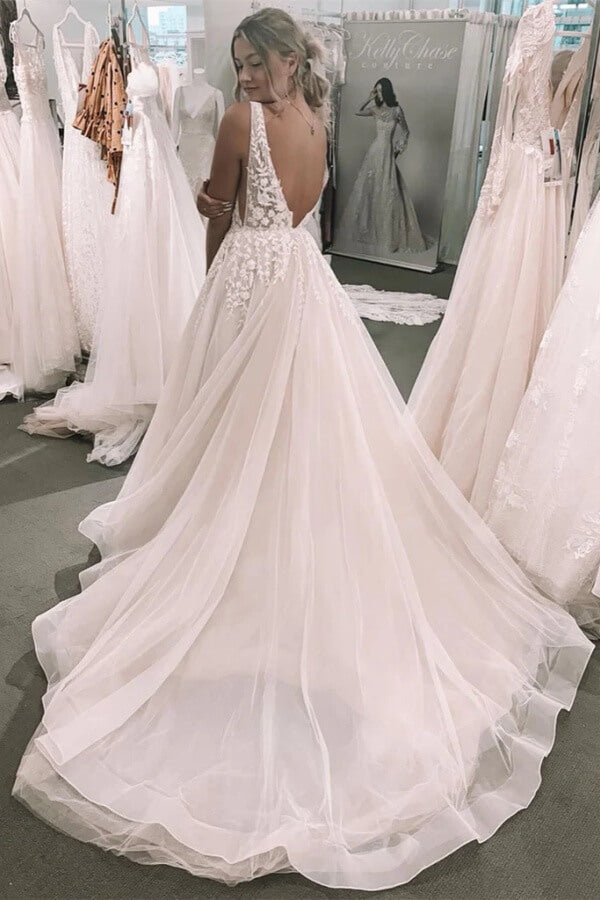 Tulle A-line V-neck Sleeveless Wedding Dresses With Lace Appliques, SW685 image 2