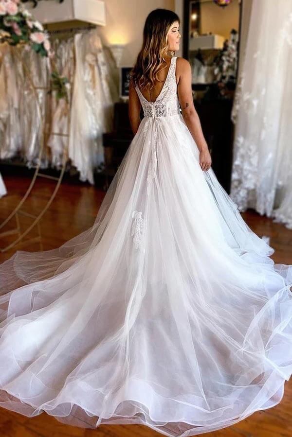 Tulle A-line V-neck Wedding Dresses With Lace Appliques, Bridal Gown, SW628 | vintage wedding dresses | bridal style | wedding dress stores | simidress.com