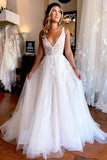Tulle A-line V-neck Wedding Dresses With Lace Appliques, Bridal Gown, SW628