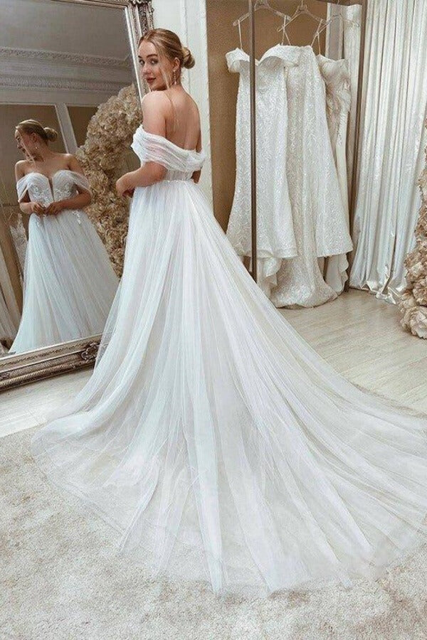 Tulle A Line Off-the-Shoulder Beach Wedding Dresses With Lace Appliques, SW751 | a line wedding dress | summer wedding dress | affordable lace wedding dress near me | simidress.com