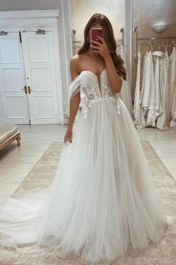 Tulle A Line Off-the-Shoulder Beach Wedding Dresses With Lace Appliques, SW751 | simple wedding dress | lace wedding dress | sexy wedding dress | simidress.com