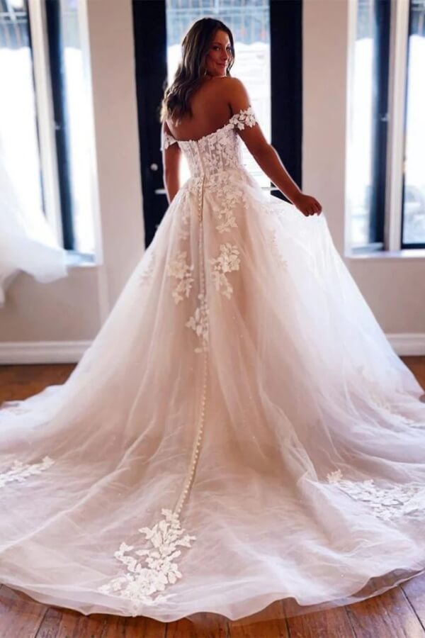 Tulle A Line Off Shoulder Court Train Wedding Dresses With Appliques, SW725 | tulle wedding dress | wedding dress near me | vintage wedding dress | simidress.com