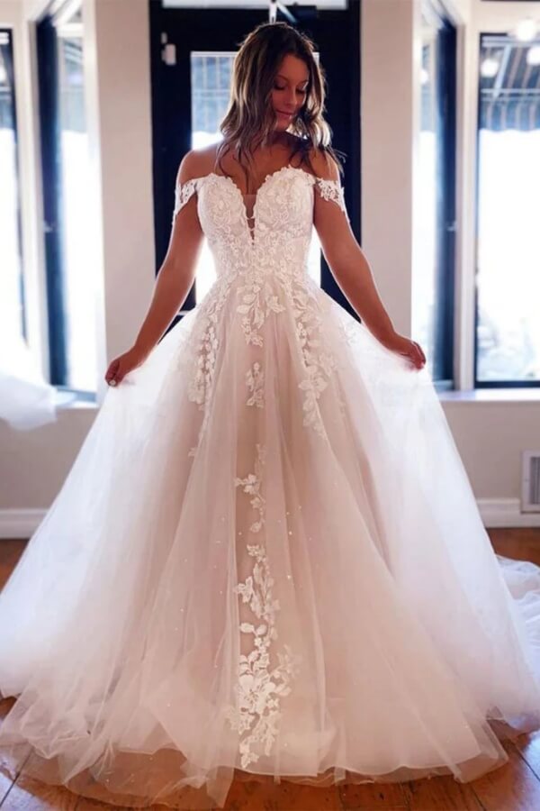 Tulle A Line Off Shoulder Court Train Wedding Dresses With Appliques, SW725 | new arrival wedding dress | wedding dress stores | lace wedding gown | simidress.com