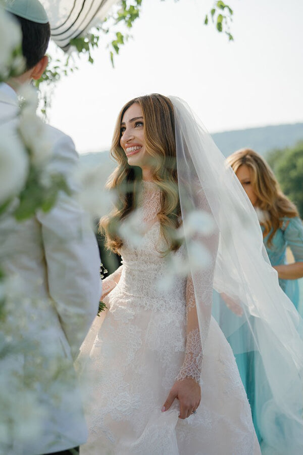 Tulle A Line Plunge Neck Lace Bridal Dresses, Beach Wedding Dresses, SW730 | long sleeve wedding dress | summer wedding dress | lace wedding gown | simidress.com