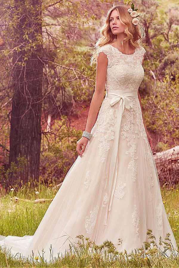 Tulle A Line Scoop Cap Sleeves Wedding Dresses With Lace Appliques, SW734 | beach wedding dress | lace wedding gown | bohemian wedding dress | simidress.com