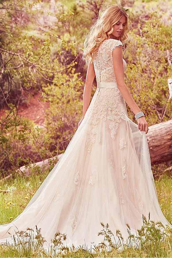 Tulle A Line Scoop Cap Sleeves Wedding Dresses With Lace Appliques, SW734 | modest wedding dress | wedding dress stores | new arrival wedding dress | simidress.com