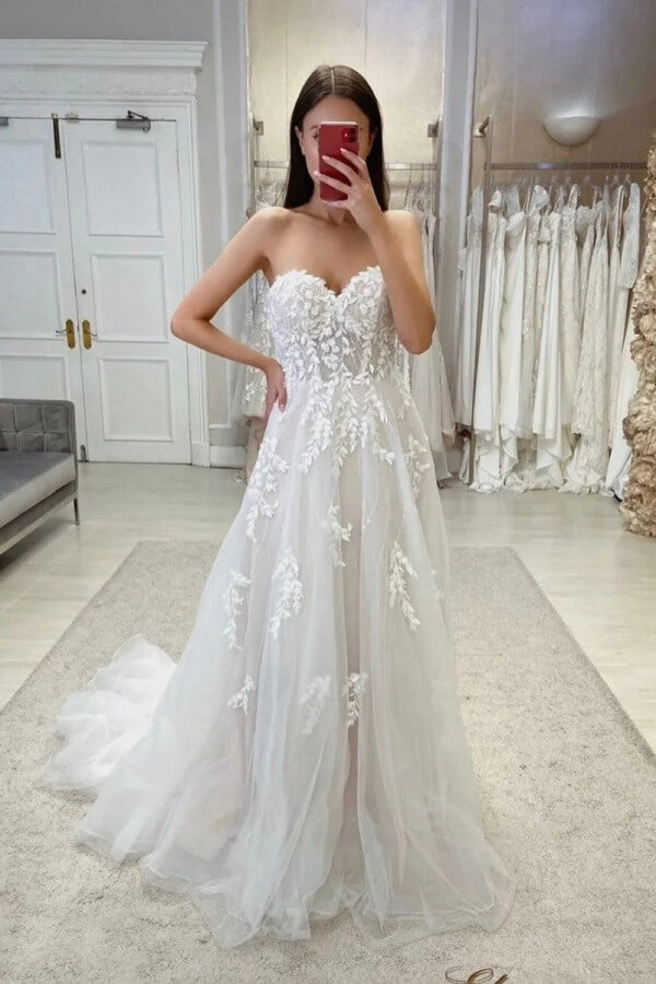 Tulle A Line Spaghetti Straps Sweetheart Sweep Train Wedding Dresses, SW739 | sexy wedding dress | bridal gown | wedding dress nearby | simidress.com