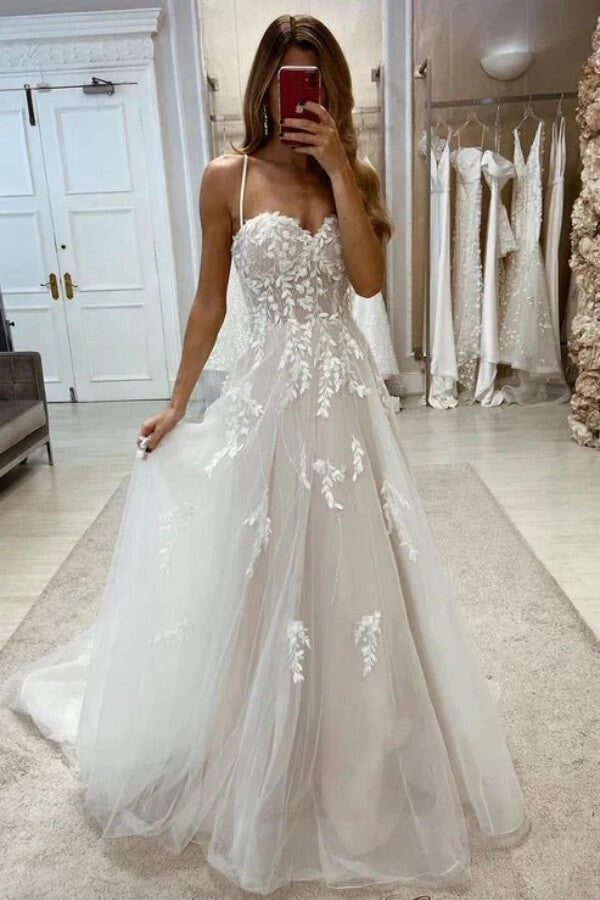 Tulle A Line Spaghetti Straps Sweetheart Sweep Train Wedding Dresses, SW739 | cheap wedding dresses online | bohemian wedding dress | wedding dress stores | simidress.com