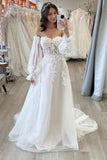 Tulle A Line Sweetheart Long Sleeve Lace Beach Wedding Dresses With Train, SW747 | wedding dress with sleeves | sexy wedding dress | outdoor wedding dress | simidress.com