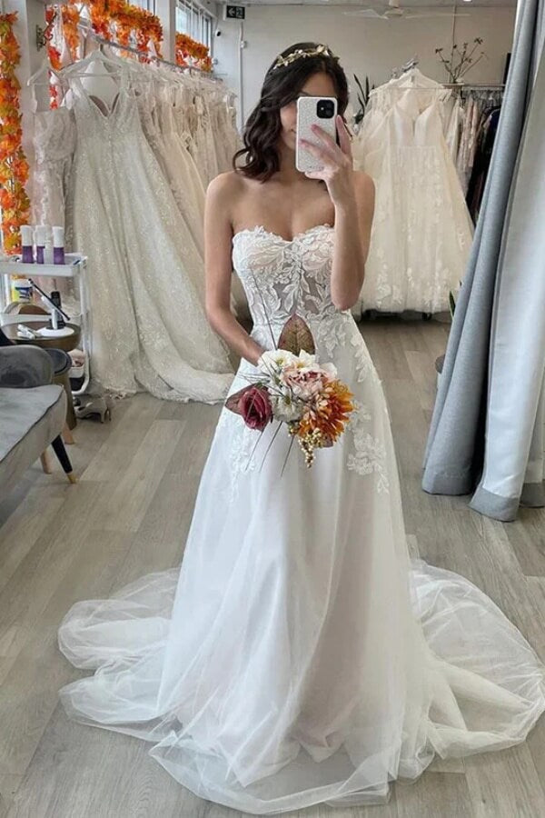 Tulle A Line Sweetheart Long Sleeve Lace Beach Wedding Dresses With Train, SW747 | cheap wedding dresses online | lace wedding dress | simple wedding dress | simidress.com