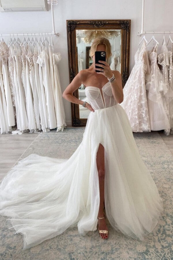 Tulle A Line Sweetheart Neck Wedding Dresses With Slit, Bridal Gown, SW761 | wedding dress near me | wedding dress shops near me | cheap wedding dresses | simidress.com