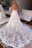Tulle A Line V Neck Backless Wedding Dresses With Lace Appliques, SW710 | summer wedding dress | beach wedding dress | bohemian wedding dress | simidress.com